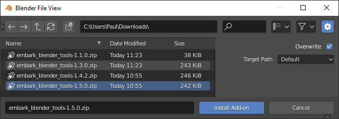 Screenshot of file browser with Install Add-on option