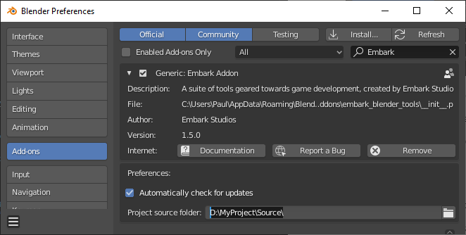 Screenshot showing Embark Addon Preferences