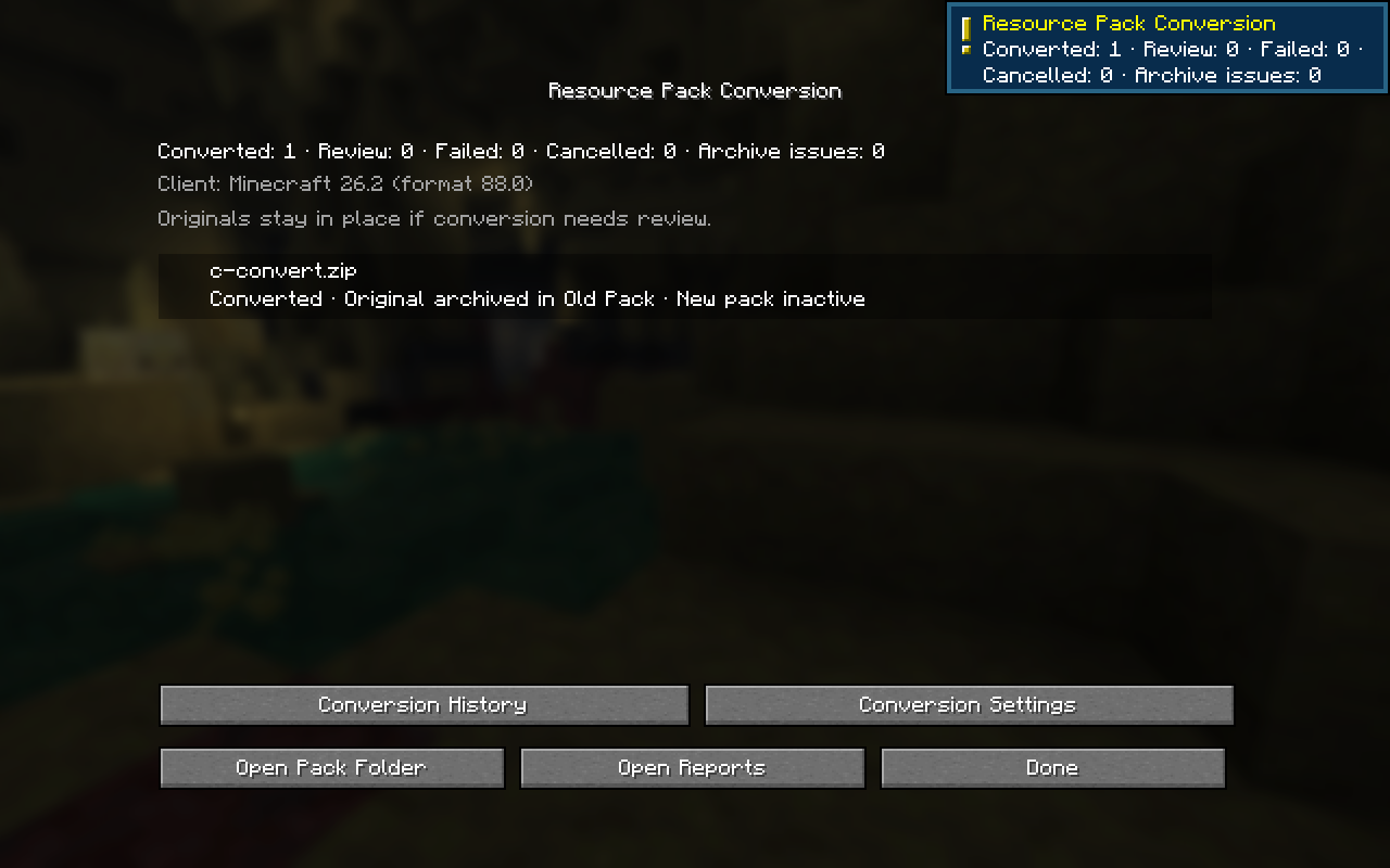 Enzyme conversion result in English: conversion completed and the original pack archived