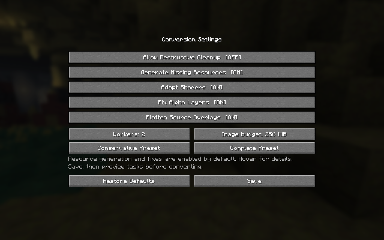 Enzyme conversion settings in English, showing the default conversion options
