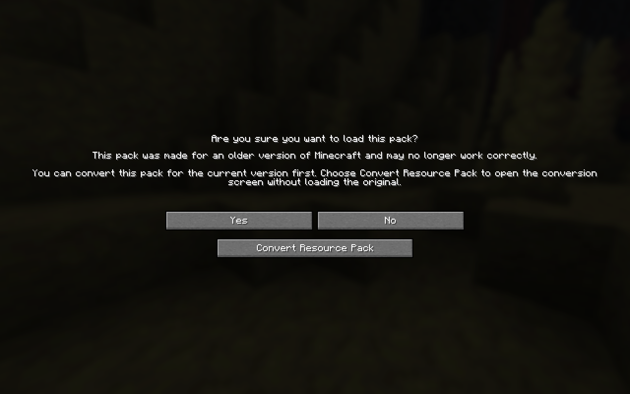 Minecraft's incompatible resource pack confirmation dialog with Enzyme's conversion button