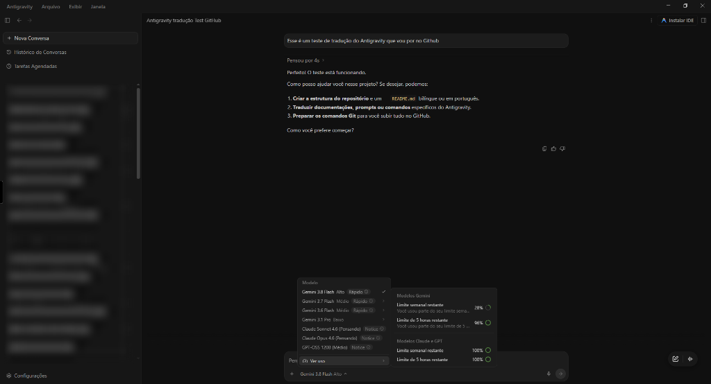 Interface Principal e Chat do Antigravity em Português
