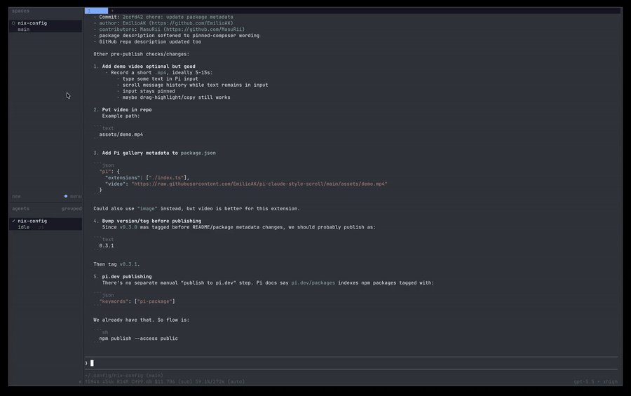 Demo: Pi message history scrolls while the input stays pinned
