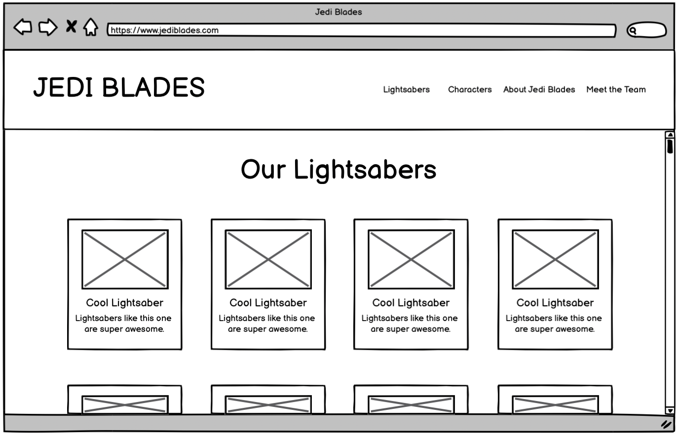 Lightsaber list page wireframe