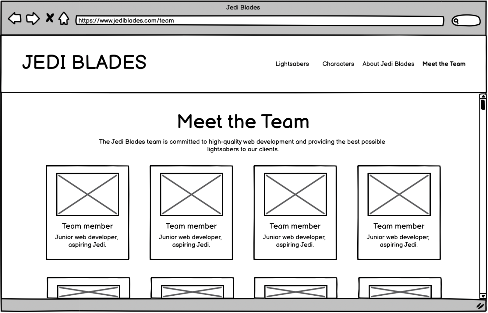 Team page wireframe