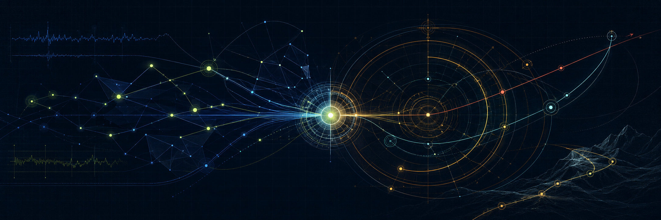 An abstract evidence graph converging with meridian geometry and an authored game route