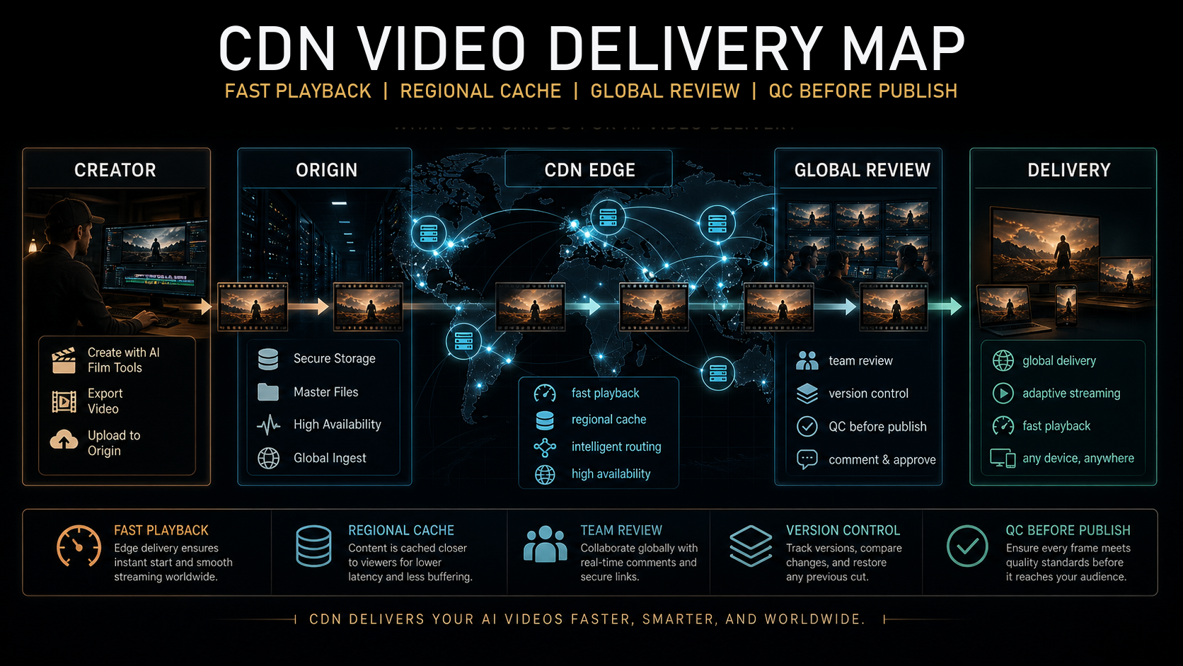 CDN video delivery map infographic: creator, origin, CDN edge, global review, delivery, fast playback, regional cache, version control, and QC before publish