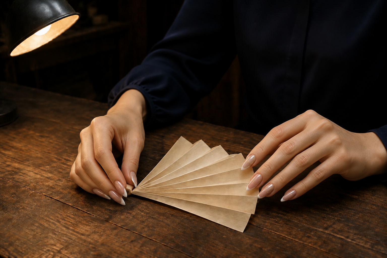 Slender hands with long pearl-blush nails, ivory tips and gold accents hold an ivory paper fan under a desk lamp.