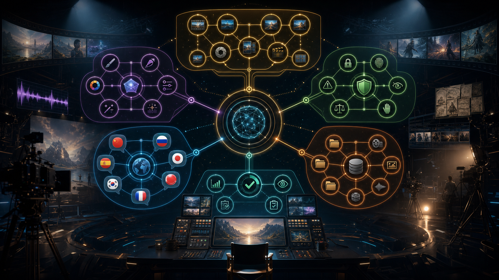 Seedance 2.0 cinematic skill map: modular skill clusters around an AI filmmaking director console