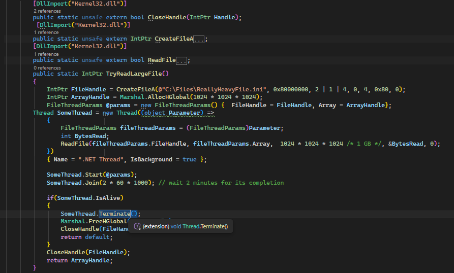 Reading a file using a created Thread stuck at calling a native function