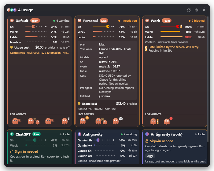 Compact layout: one line per limit and agents as badges