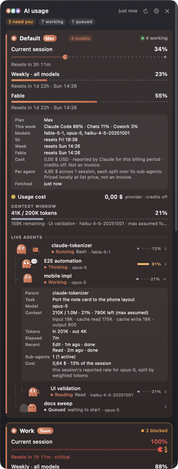The note on macOS, one column, with an agent's details open