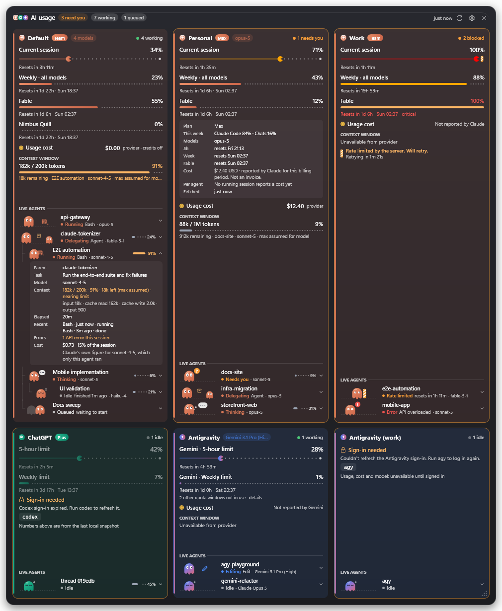 The Pitwall note on Windows: three Claude accounts, ChatGPT and two Antigravity accounts, each with plan limits, cost, context window and live agents