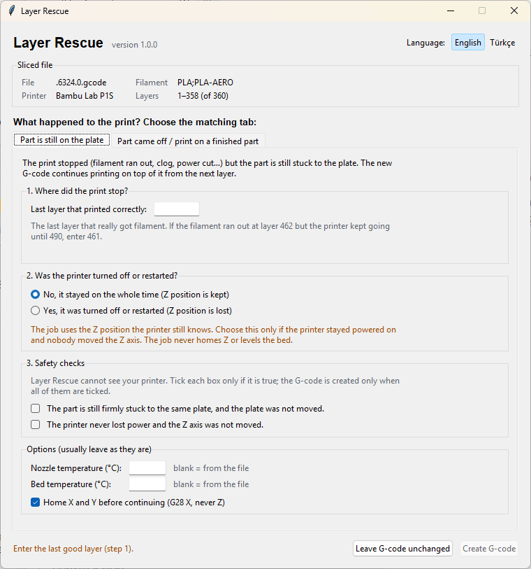 The Layer Rescue window on the resume tab