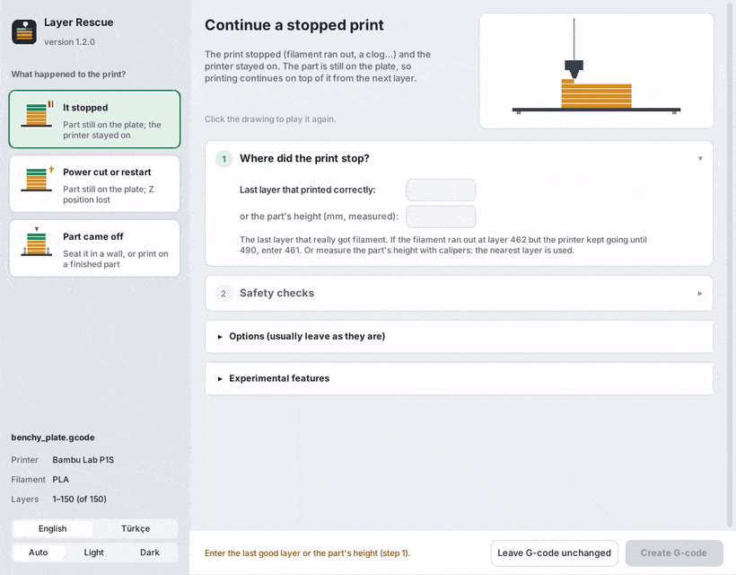 The new Layer Rescue window: pick what happened, enter the layer or the part's height, tick the checks