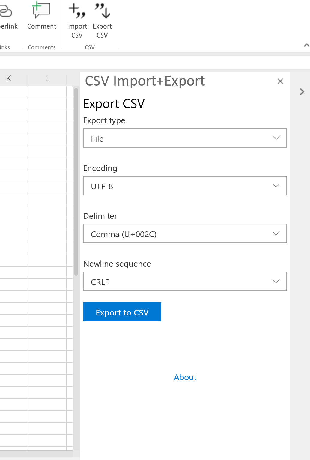 Export CSV taskpane in Excel
