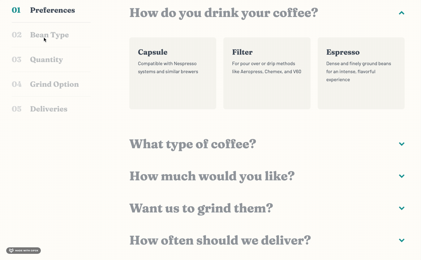 Gif of plan page for the Coffeeroasters subscription site