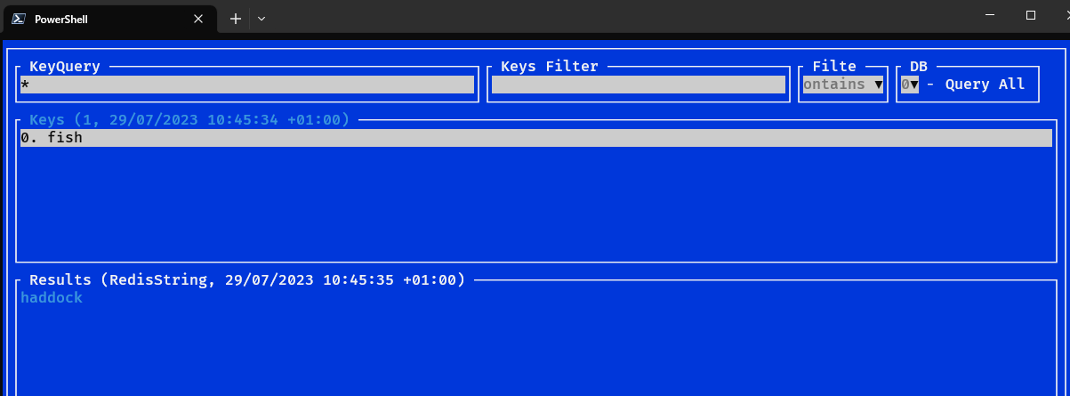 Screenshot showing query results fetched from Redis.  Key 'fish' has value 'haddock'.