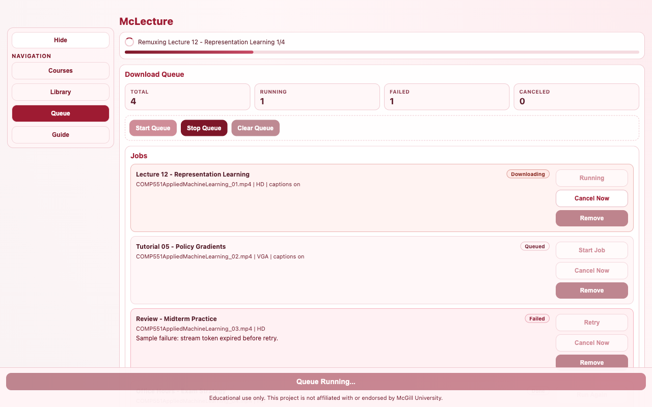 McLecture queue view showing active and pending downloads