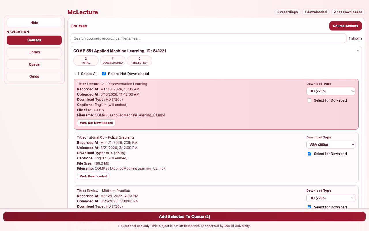 McLecture course view for selecting lecture recordings