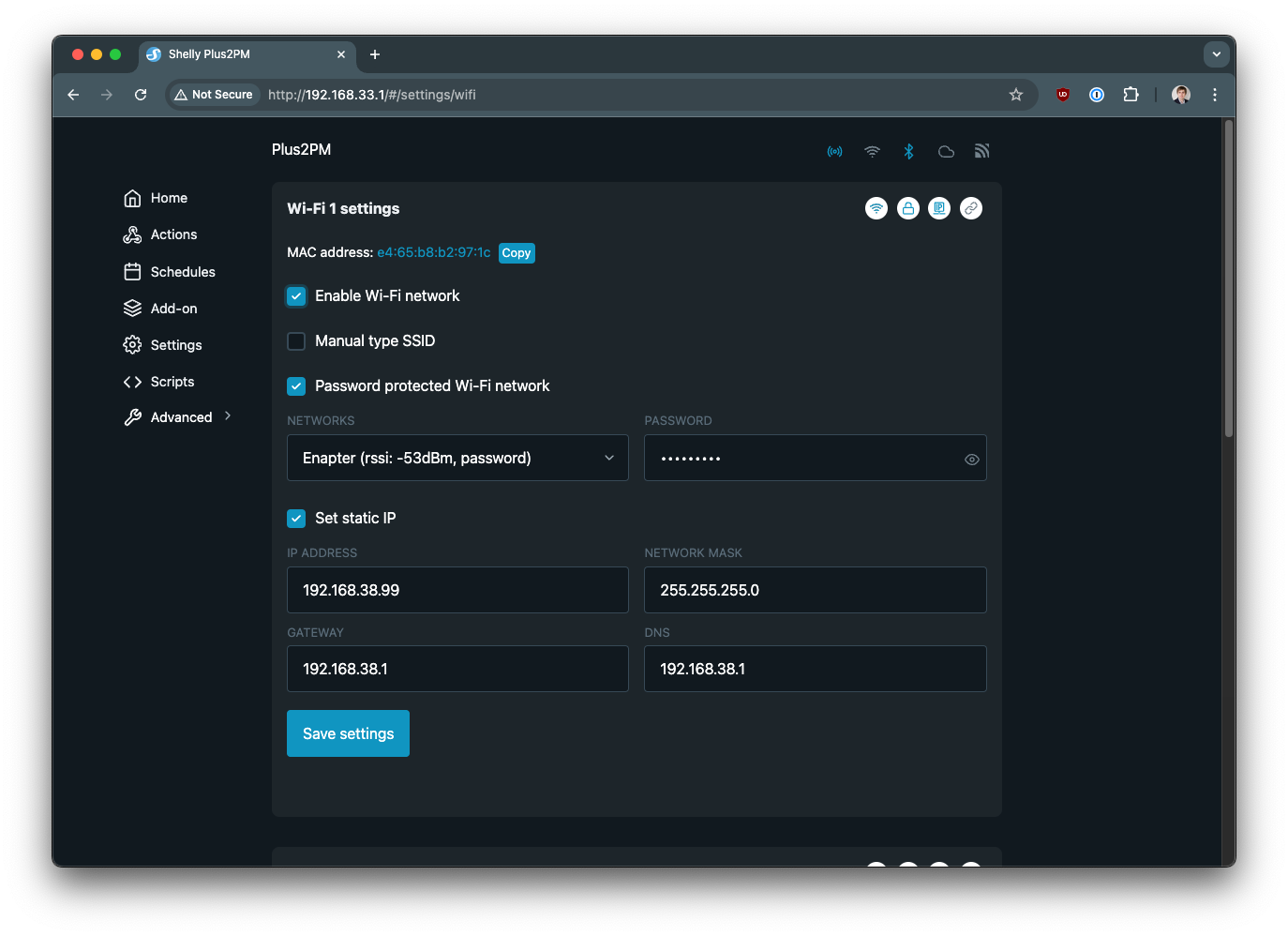 Configure Shelly Plus 2PM Wi-Fi Network Settings