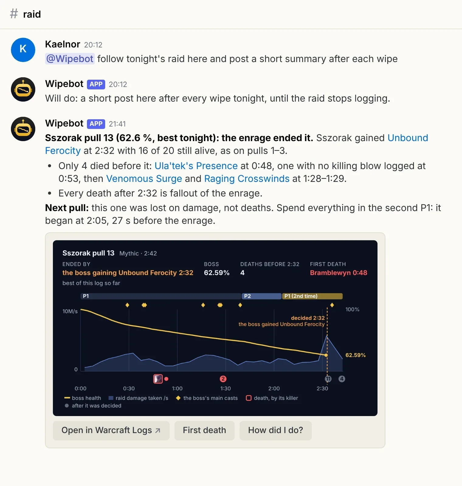 The bot's post after Sszorak pull 13 in a raid channel: a short summary, the pull drawn, and the buttons Open in Warcraft Logs, First death and How did I do?
