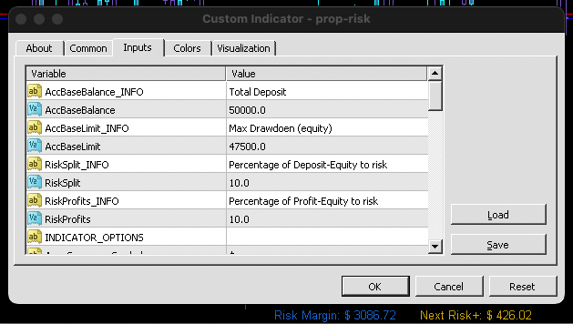 SwingFish Prop Risk Calculator Settings Screenshoot
