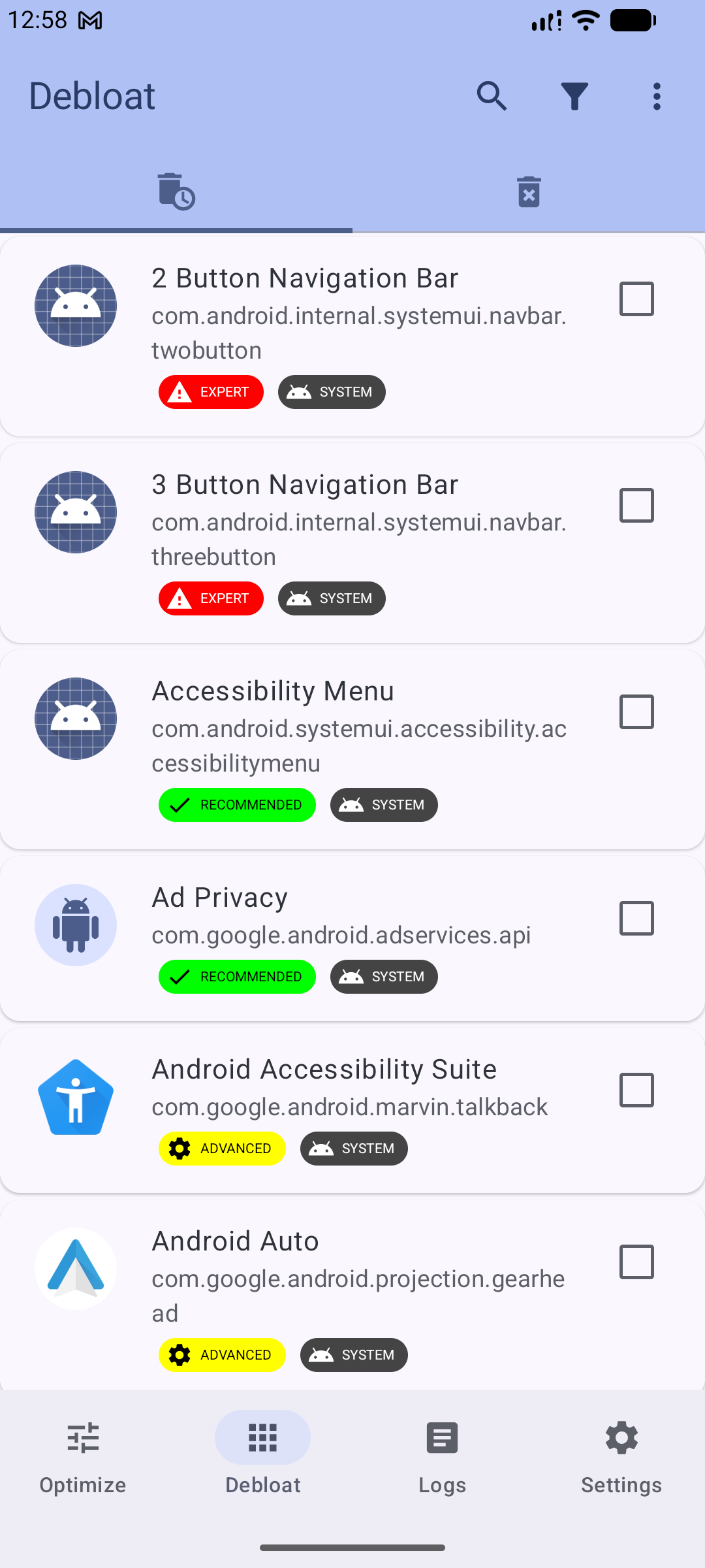 Debloat screen