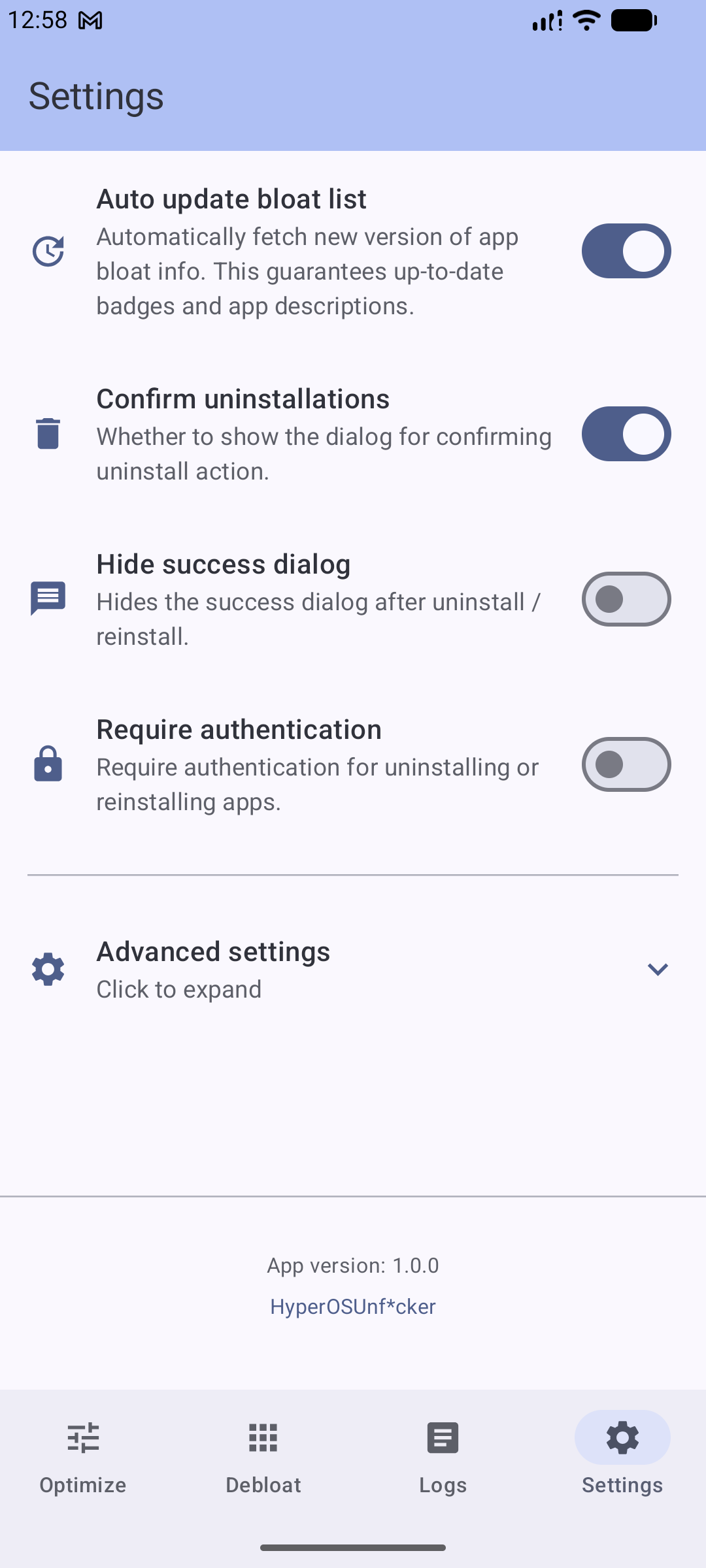 Settings screen