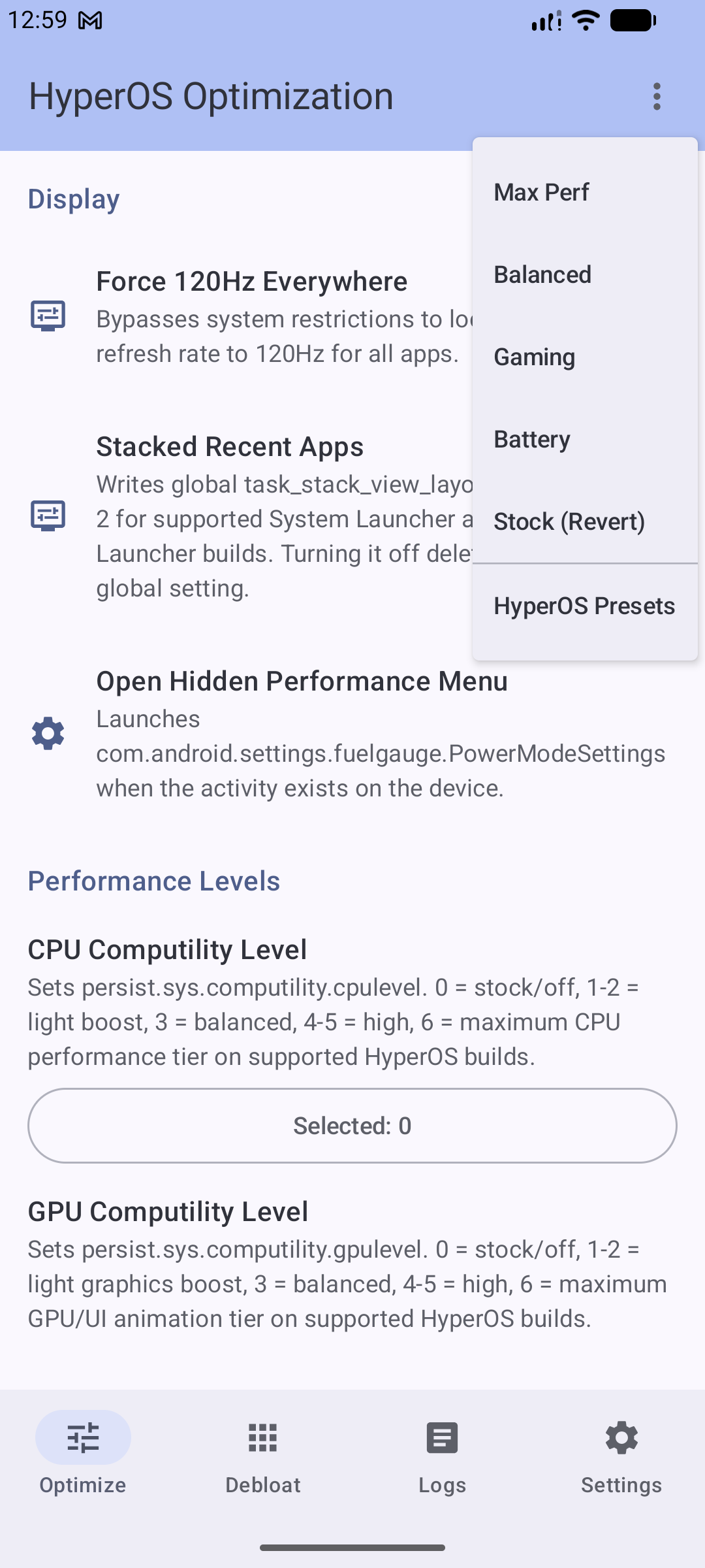 HyperOS presets menu