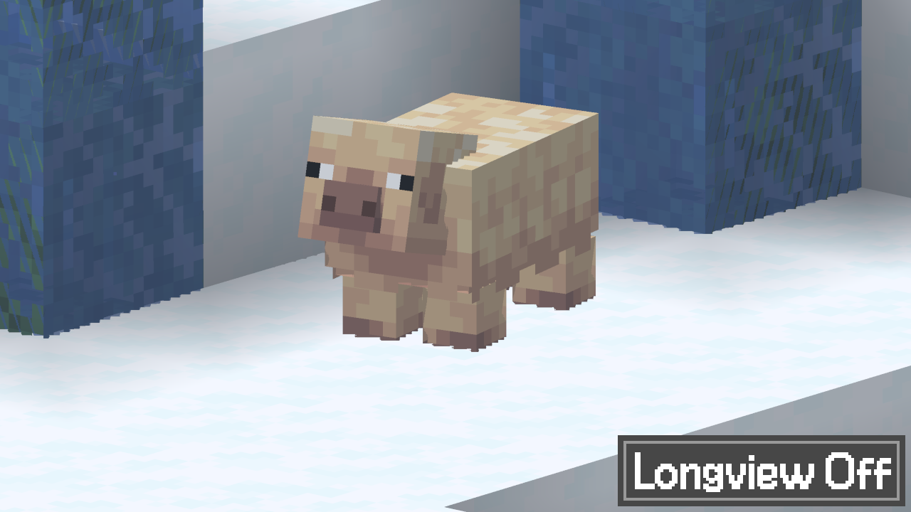 A comparison between having Longview installed and not having it installed. The cold pig is visibly jagged on the "Longview Off" shot and Z-fighting is visible on the waterlogged leaves. The "Longview On" shot shows the exact same scene but without the jaggies and with waterlogged leaves working as intended.