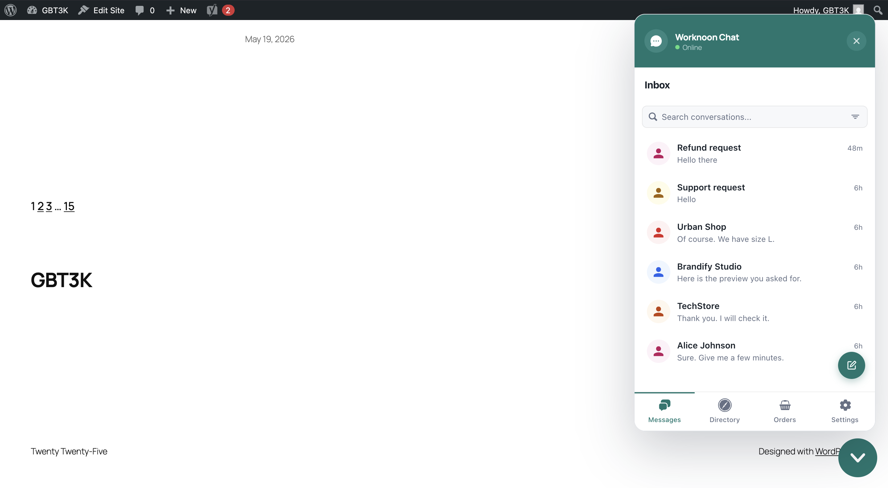 Worknoon WordPress widget open