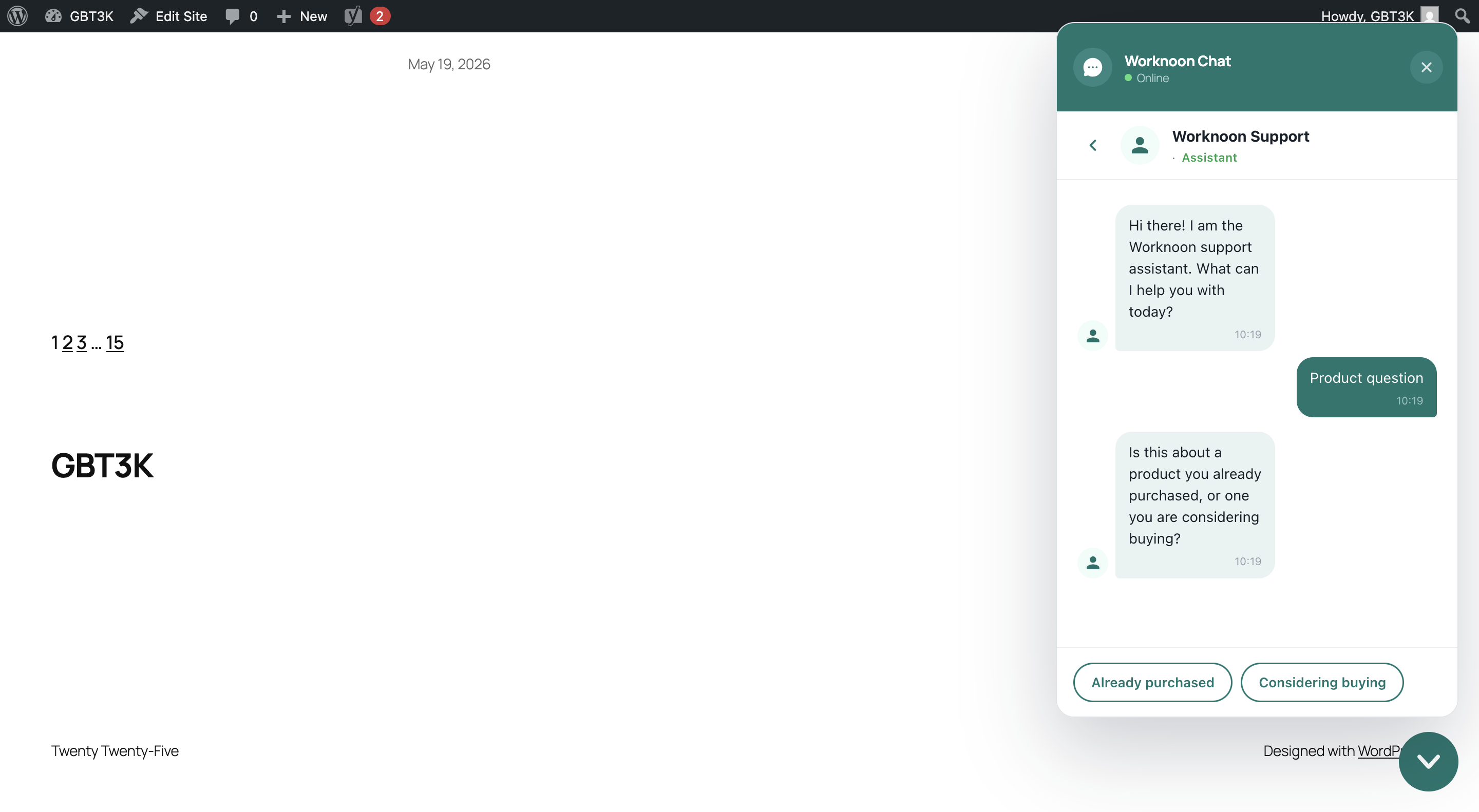 Worknoon WordPress widget embedded chat