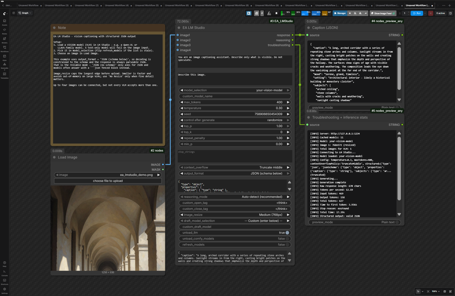 EA LM Studio captioning an image with a vision model, constrained to a JSON schema