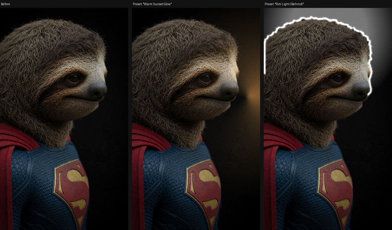 Before, and the same frame under two presets