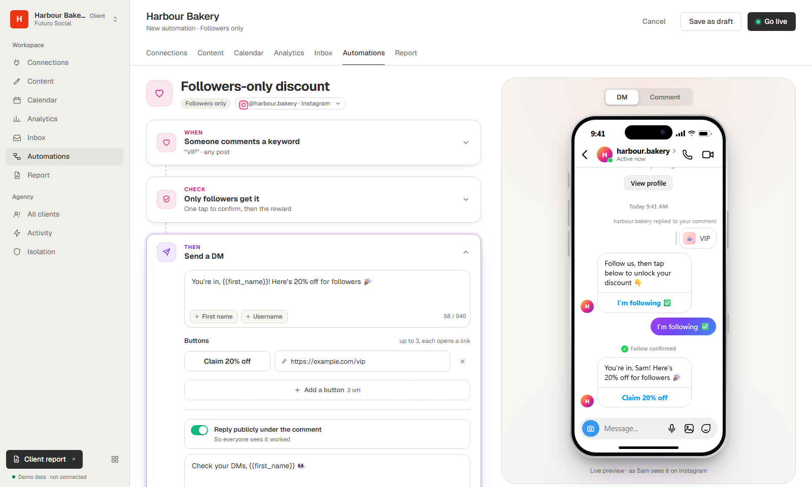 The Automations tab: a followers-only reward with its iPhone + Instagram preview, on demo data