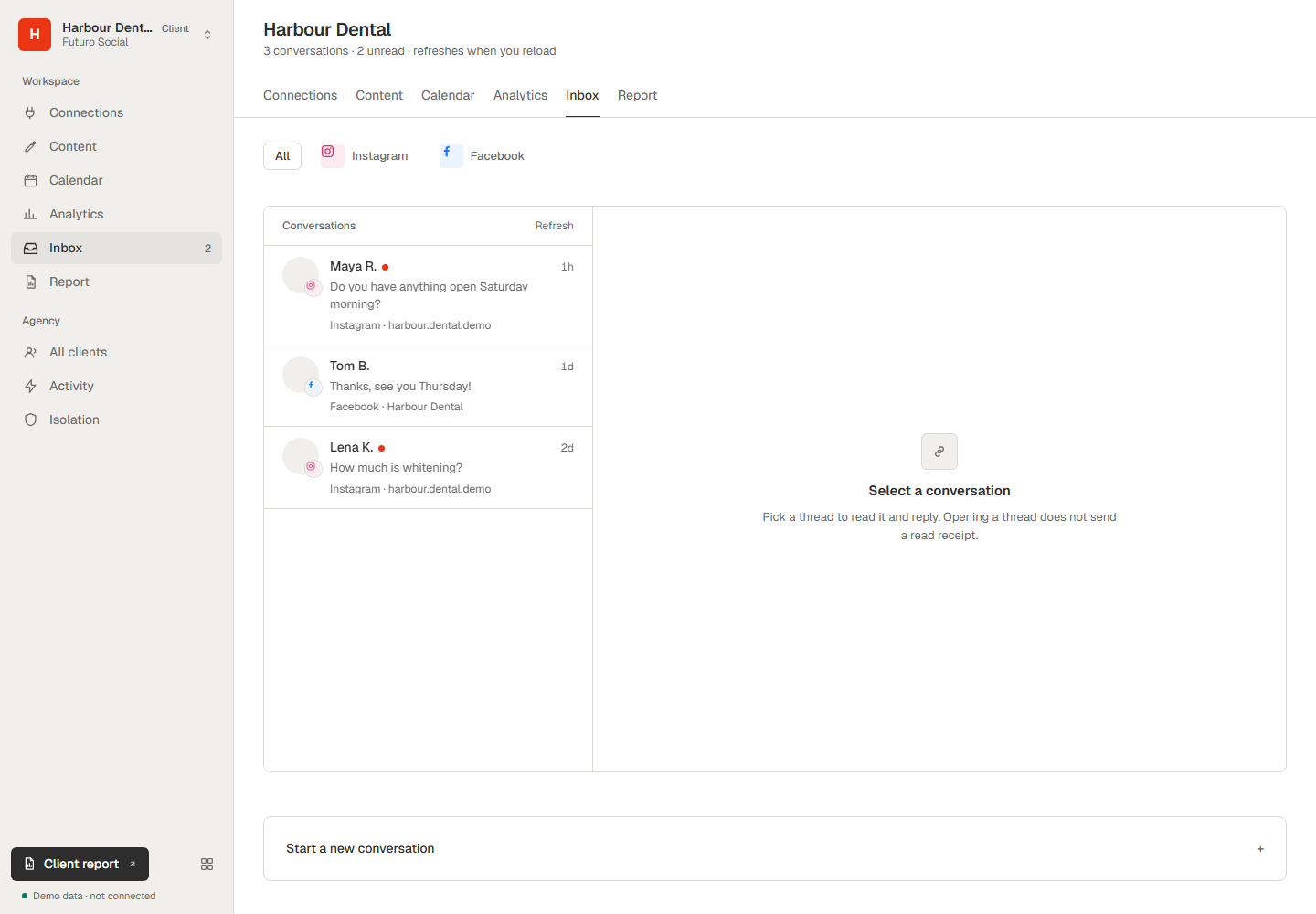 The unified inbox, on demo data