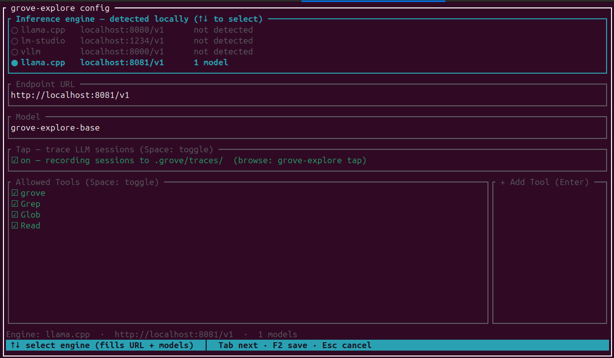 the grove-explore config screen: inference engines detected on local ports, endpoint and model fields, a tracing toggle, and a checklist of allowed tools