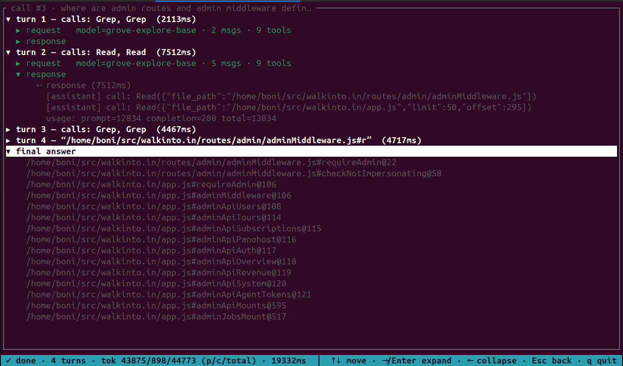 one call expanded: four turns showing the tools called in each — Grep, Grep, then Read, Read — with request and response detail, ending in the returned citations
