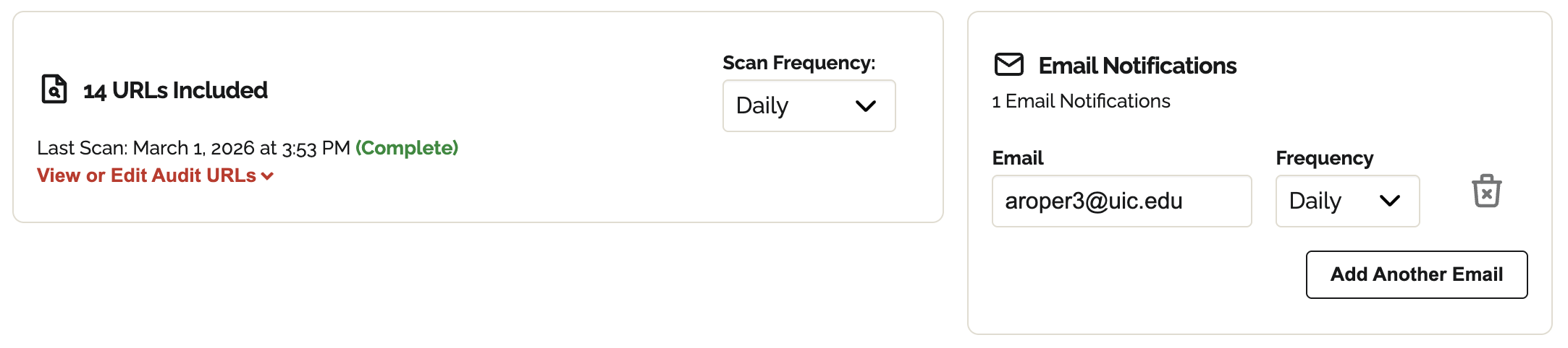 Audit configuration panel showing 14 URLs Included, Scan Frequency: Daily, and Email Notifications section with Add Email Notification button.