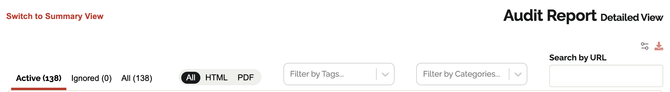 Audit Report Detailed View header with Active/ Ignored / All tabs, and All / HTML / PDF filter buttons, Filter by Tags, Filter by Categories, and Search by URL field.