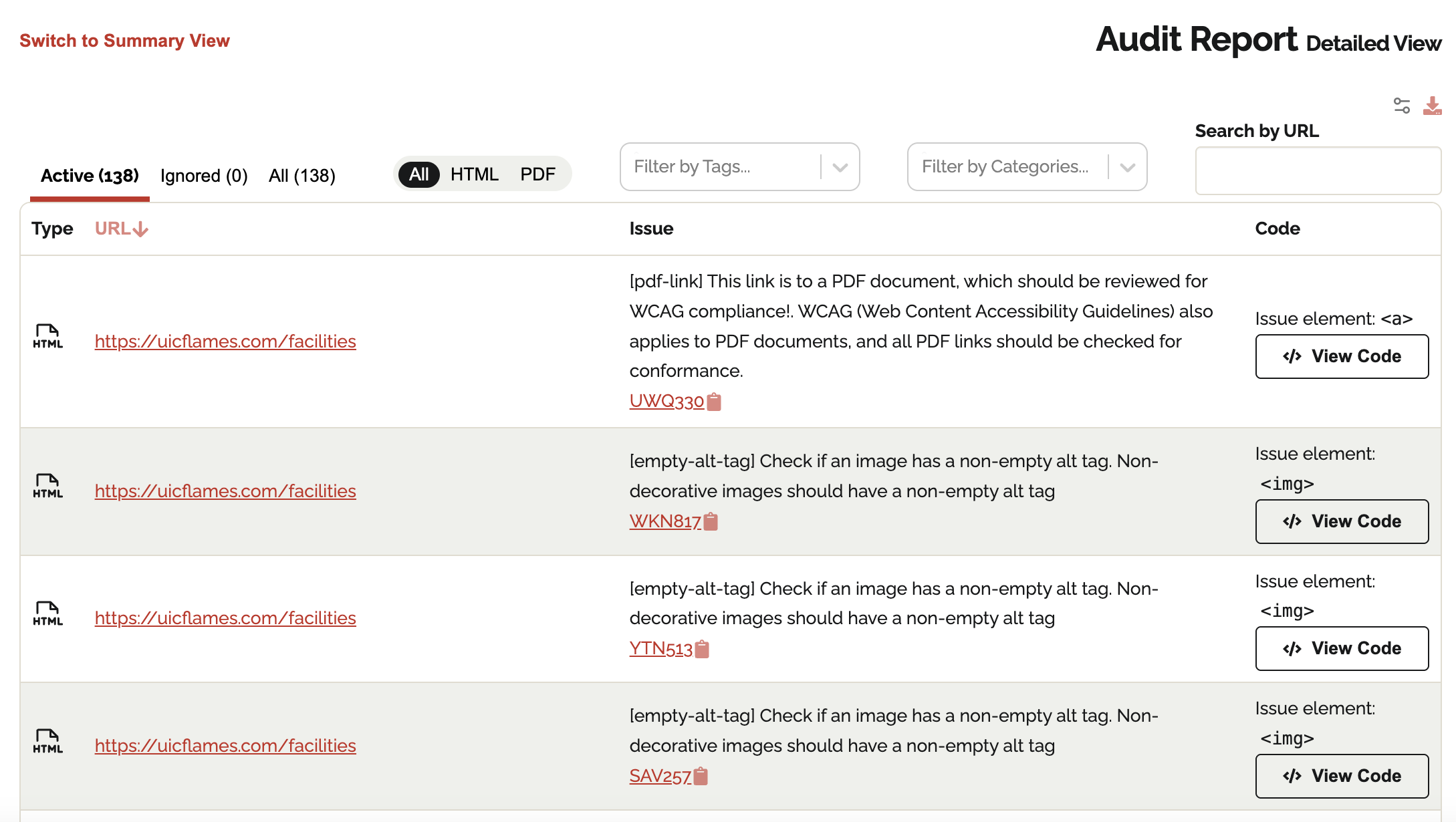 Detailed audit results table listing Type, URL, Issue, and Code columns with View Code buttons for each issue.