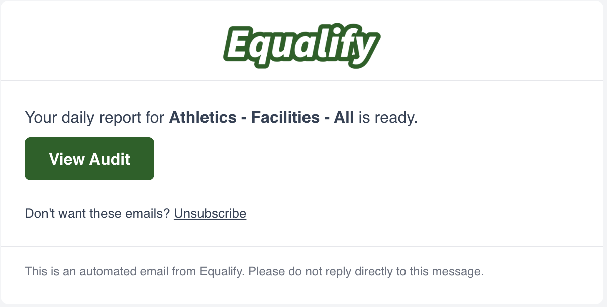 Equalify email notification with Your daily report for Athletics - Facilities - All is ready. with a green View Audit button.