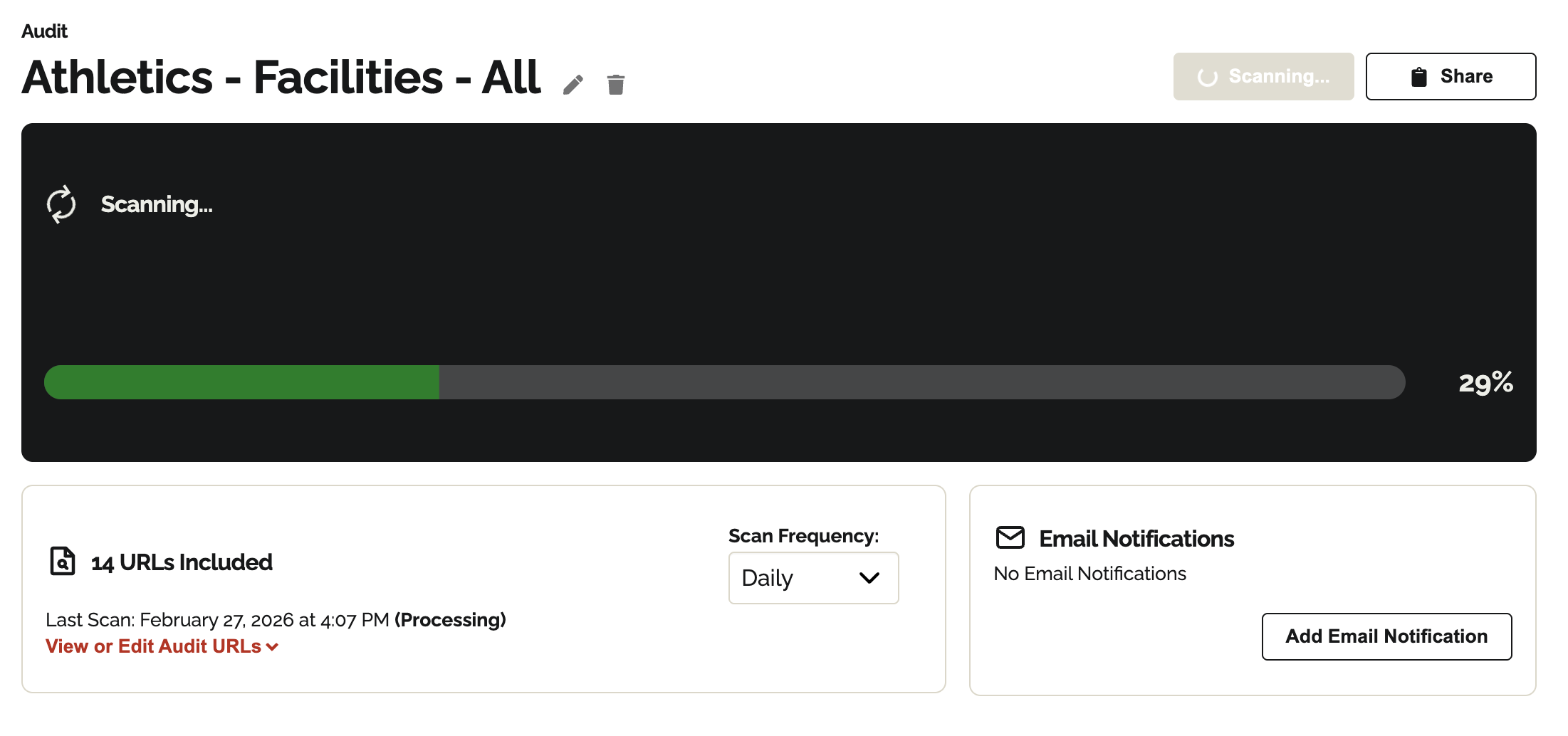 Audit page titled Athletics – Facilities – All displaying Scanning… status and a progress bar showing 29% completion.