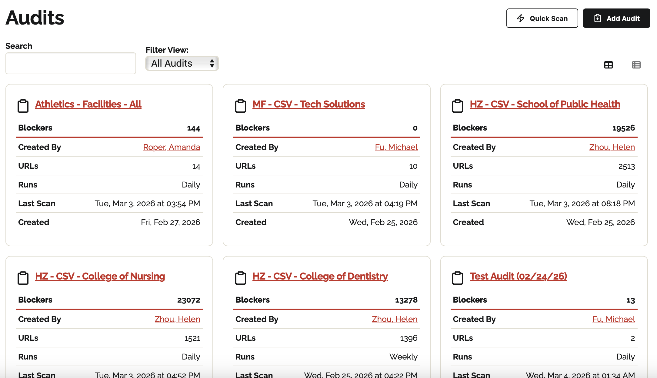 The Audits page showing multiple project cards, such as Athletics, Tech Solutions, and various Colleges. Each card displays the number of accessibility blockers, the creator's name, the number of URLs scanned, and the date of the last scan. The Filter View is set to All Audits.