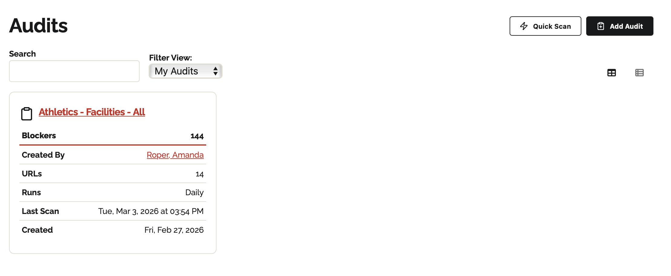 The Audits dashboard with the Filter View set to My Audits. Only one audit card, titled Athletics - Facilities - All, is visible, showing 144 blockers across 14 URLs.