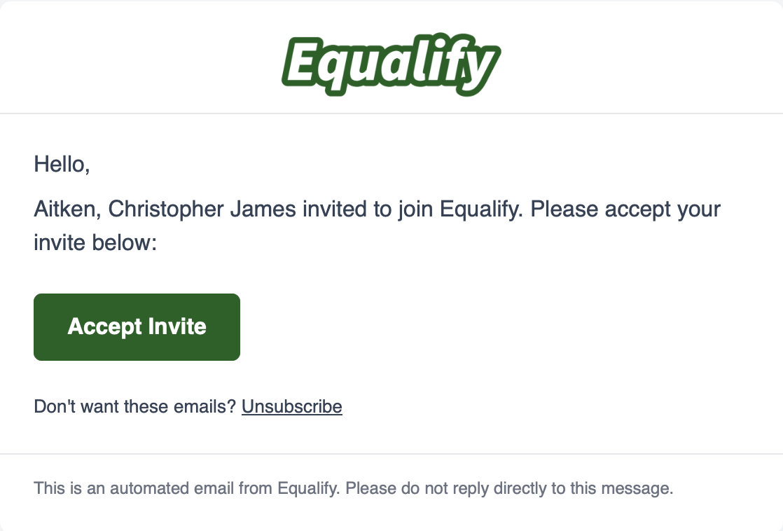 Email invitation to join Equalify with an Accept Invite button and an Unsubscribe link.