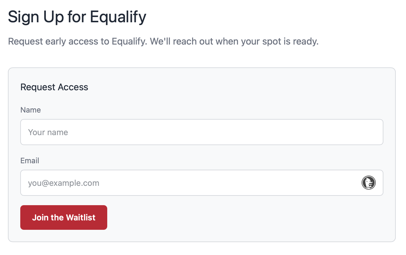 Equalify early-access sign-up form titled Sign Up for Equalify with Name and Email fields and a Join the Waitlist button.