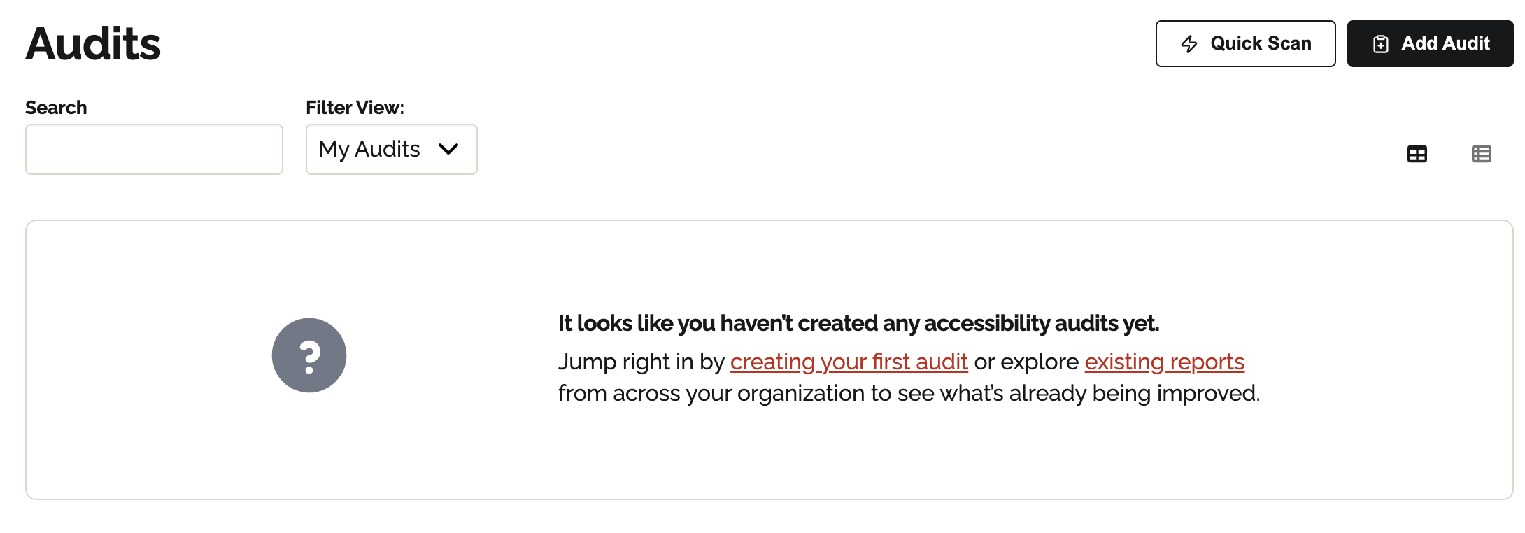 Audits dashboard with Search field, Filter View: My Audits dropdown, and buttons Quick Scan and Add Audit, plus a message stating no accessibility audits have been created yet.