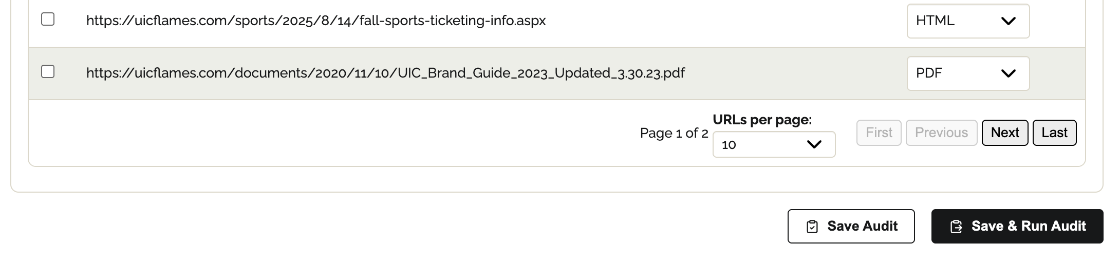 Audit builder showing Save Audit and Save & Run Audit buttons alongside pagination and URLs per page controls.
